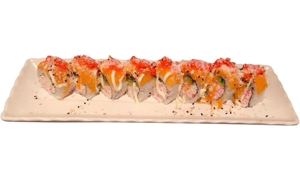 Kings-Sushi-Japanese-Restaurant-Phoenix-Roll-Buford Phoenix Roll with vibrant toppings and fillings at Kings Sushi, a Japanese Restaurant in Buford