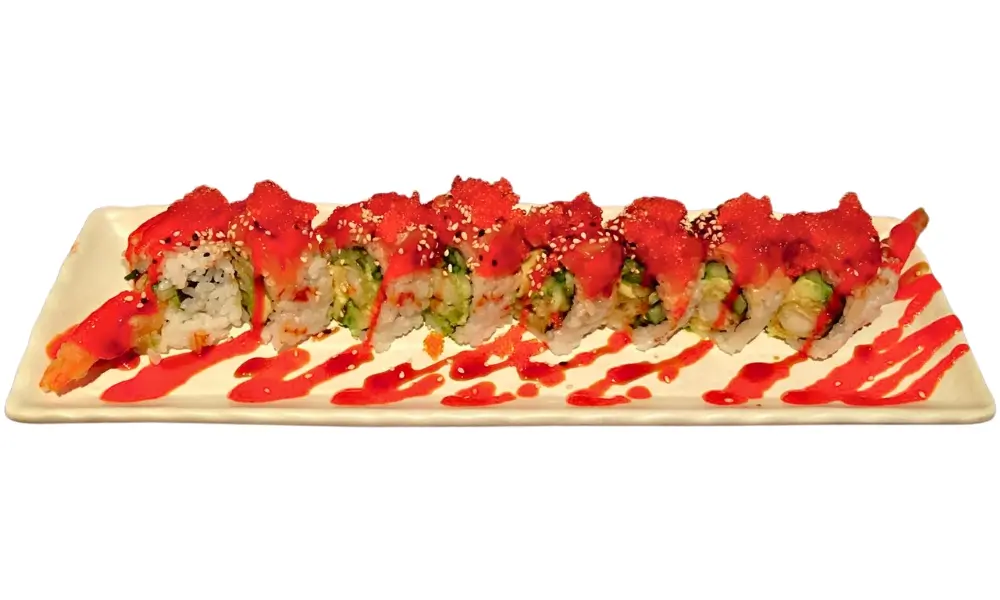 Kings-Sushi-Japanese-Restaurant-Red-Dragon-Roll-Buford Red Dragon Roll with striking red toppings at Kings Sushi, a Japanese Restaurant in Buford