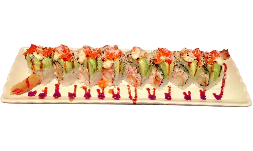Kings-Sushi-Japanese-Restaurant-Snow-White-Roll-Buford Snow White Roll with assorted fresh ingredients at Kings Sushi, a Japanese Restaurant in Buford