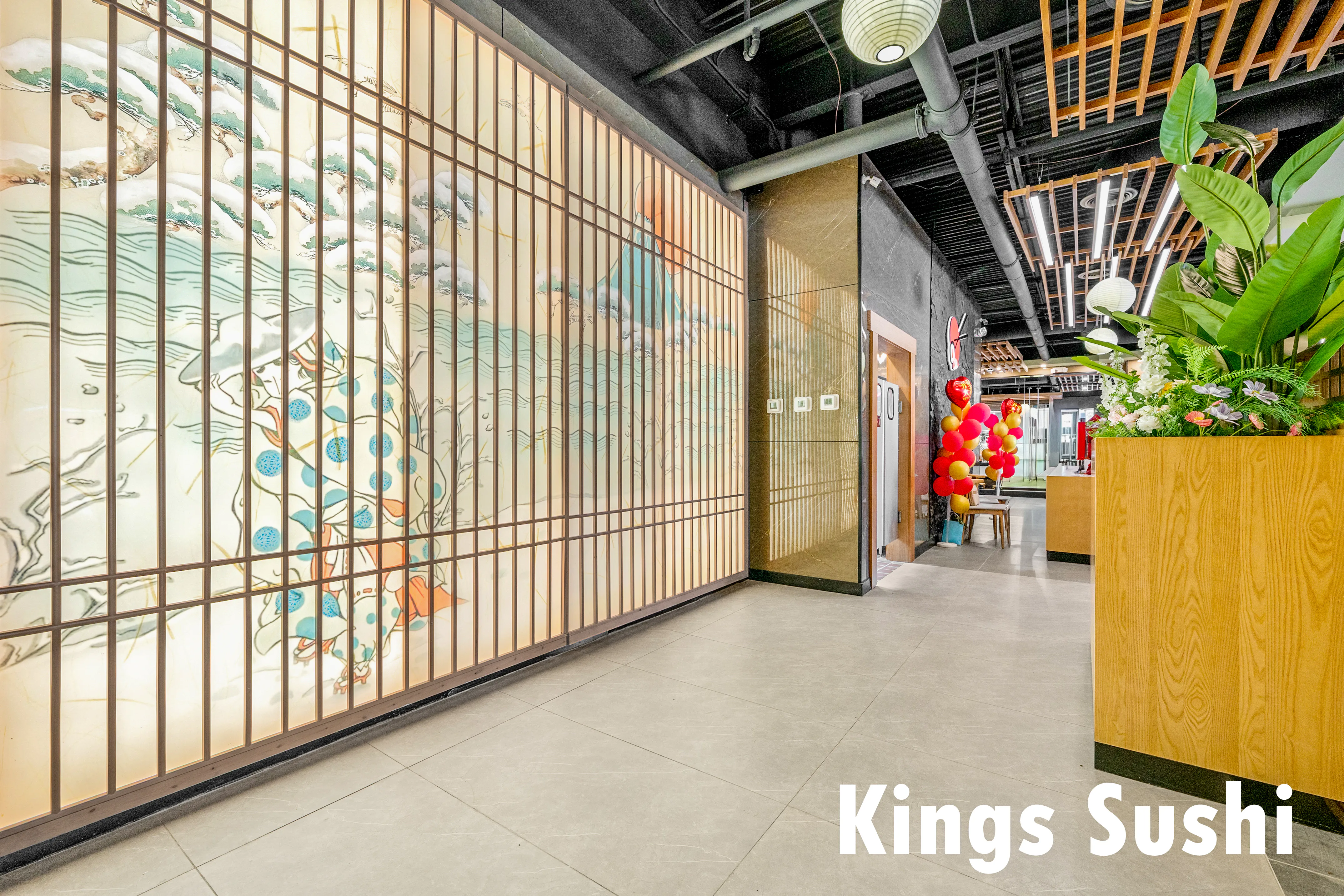 Screen wall mural corridor at Kings Sushi, a Japanese Restaurant in Buford