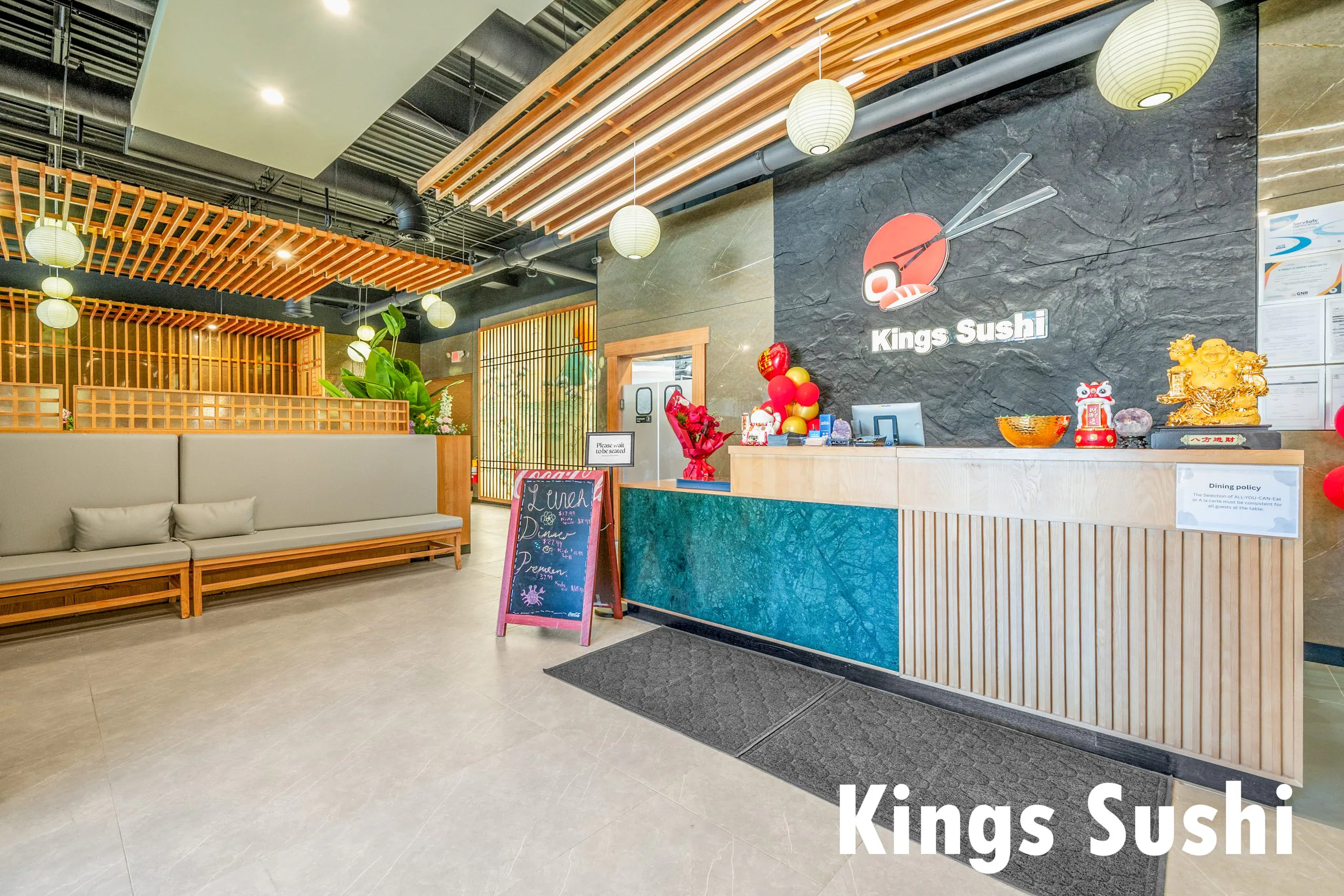 Decorated reception desk area at Kings Sushi, a Japanese Restaurant in Buford