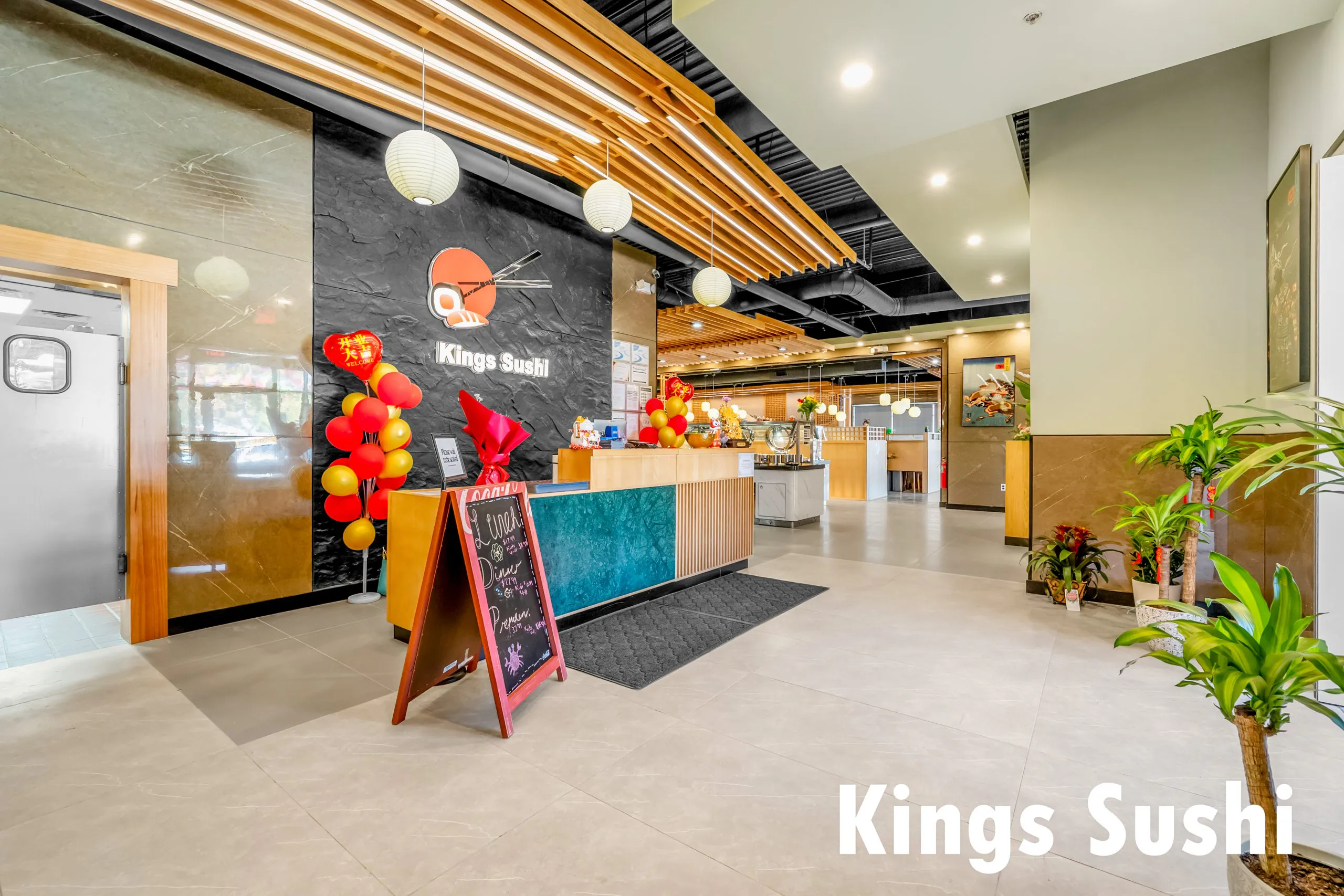Reception area with chalkboard menu at Kings Sushi, a Japanese Restaurant in Buford