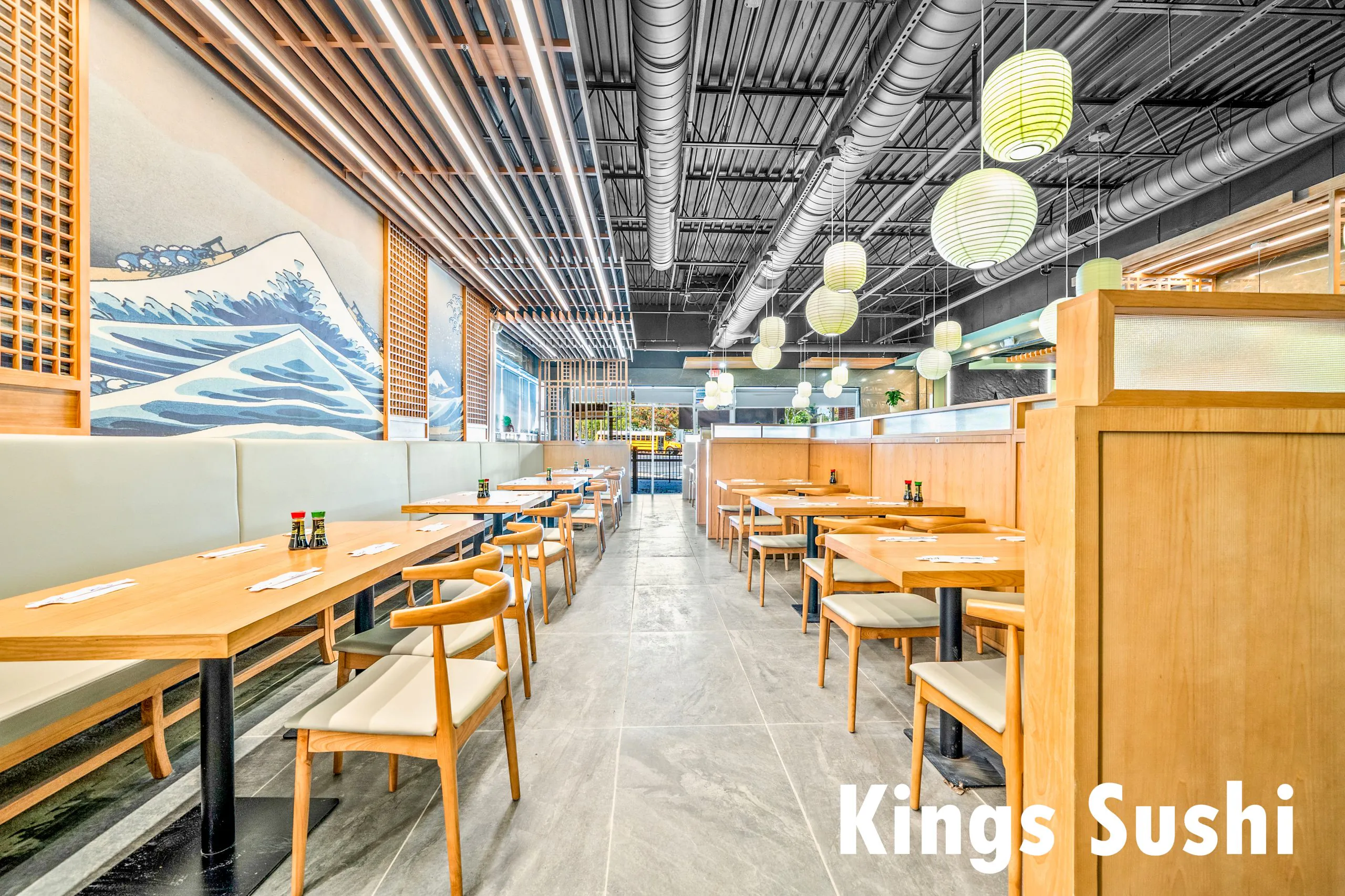 Mural-accented dining space at Kings Sushi, a Japanese Restaurant in Buford